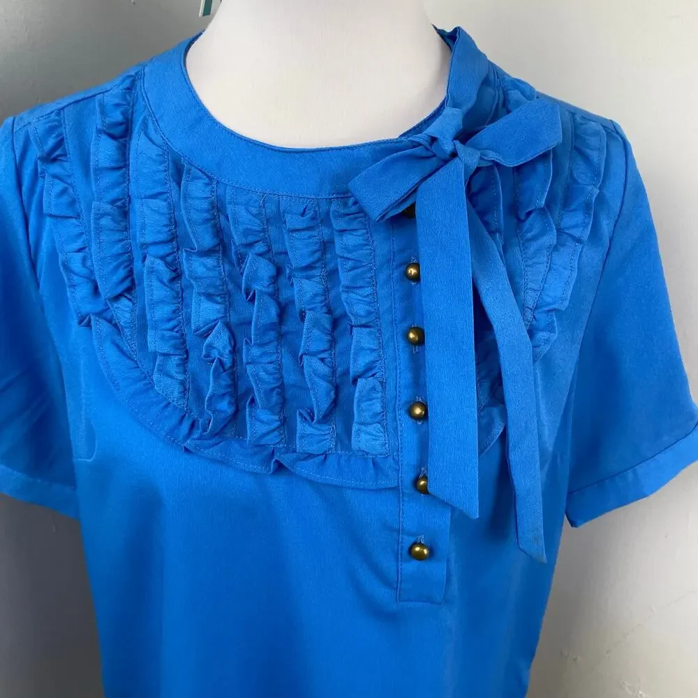 Tulip B Boutique Royal Blue Short Sleeve Ruffle Neck Tie Pussybow Blouse Large
